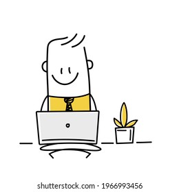 Stick man sitting in lotus position working on laptop, calm and relaxed. Vector illustration.