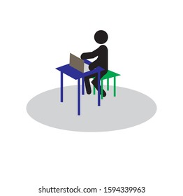 stick man sitting working at Desk with laptop