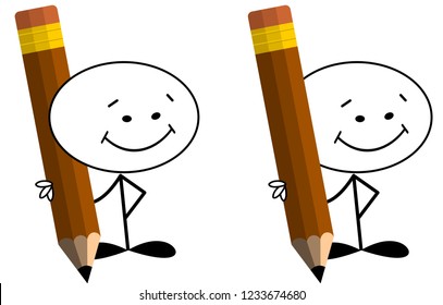 Stick man smiling and holding big pencil