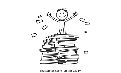 Stick man smiling standing on pile of papers. vector illustration in doodle style