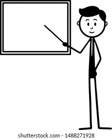 Stick man standing next to blank white board explaining and pointing Vector.
