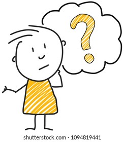 stick man standing and thinking bubble expression illustration yellow question mark