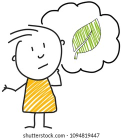 stick man standing and thinking bubble expression illustration yellow leaf