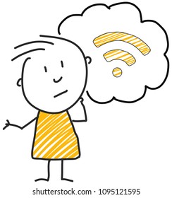stick man standing and thinking bubble expression illustration yellow wlan network wireless symbol
