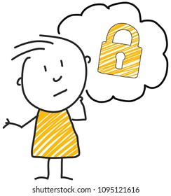 stick man standing and thinking bubble expression illustration yellow symbol lock security symbol
