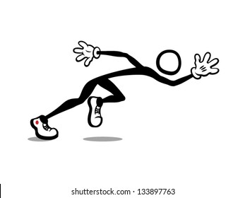 Stick Man: Start Running Whether fitness, flee, chase or pursuit, he hits the ground running with style & speed sporting red dot sneakers and white cartoon gloves. Simply dashing on the starting line.