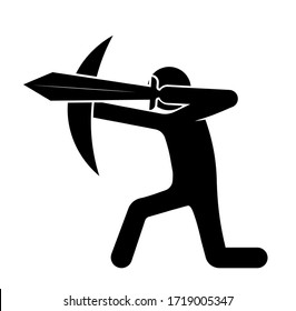 stick man with a sword and a round shield stands in a protective pose. He took up the defense. Isolated vector on white background