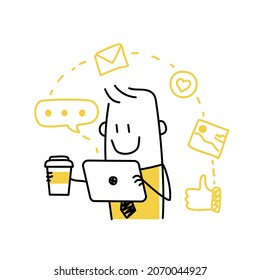 Stick man with a tablet drinks coffee. Blogging concept illustration. Doodle style. Vector illustration.