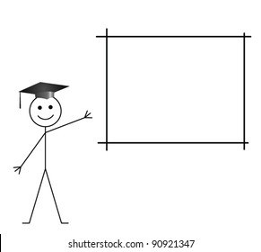 Stick man teacher with blank board for own text or graphics