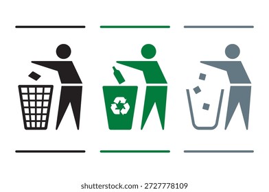 Stick man throwing trash into garbage can , Man throw garbage with recycle symbol icon Set 