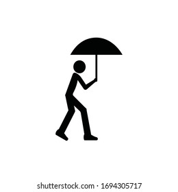 Stick man with umbrella outline vector icon.