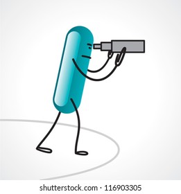Stick man using a telescope isolated on white background