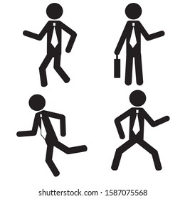 Stick man in various poses stands, walks and runs, set of icons . Human symbol isolated on white background.