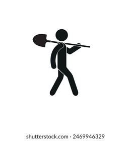  stick man walking with a shovel on his shoulder, figure walking, man, shovel, pictogram, highlighted, on a white background, people, sports, character, personality, silhouette, business, illustration