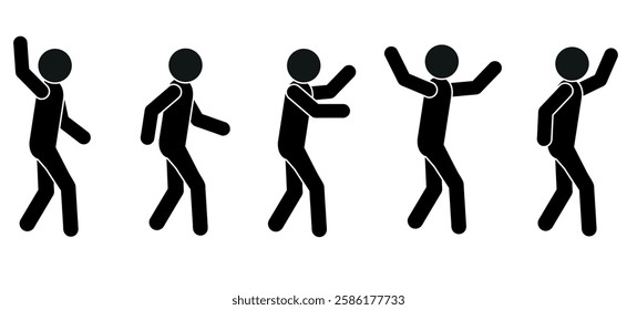 A stick man walks, waves his arms, various poses, a pictogram of a human figure, a group of people on a white background