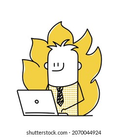 Stick man is working with laptop and a fire is burning behind him. Deadline concept. Doodle style. Vector illustration.
