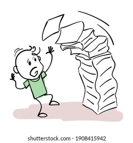 Stick man worry an oversize file mountain and to much paperwork. Cartoon stick figure illustration of businessman with stress on the office work due to overload and depression. Bureaucracy concept.