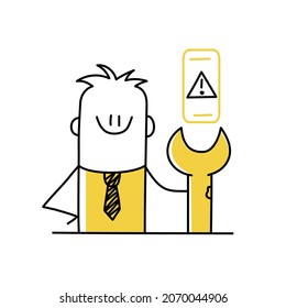 Stick man with a wrench. Programmer, application developer. Doodle style. Vector illustration.