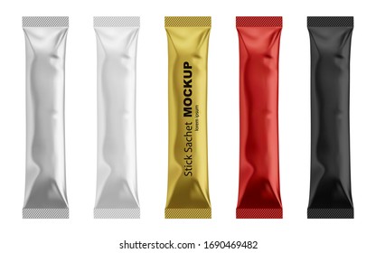 Stick matte sachet package for coffee, cacao, sugar and other products. Blank packaging mockup template. Realistic vector illustration isolated on white background. 