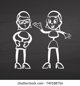Stick men gossip sketch on chalkboard. Handdrawn vector sketch, clean outlines, vintage style blackboard.