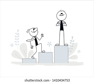 Stick men standing on the podium, business concept cartoon vector illustration