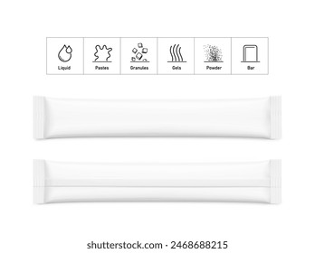 Stick mockups set with icons for collagen, powder, granulated product. Vector illustration isolated on white background. Can be use for template your design, presentation. EPS10.