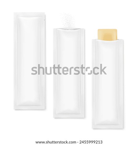 Stick mockups set with samples of collagen, powder, granulated product. Vector illustration isolated on white background. Can be use for template your design, presentation. EPS10.