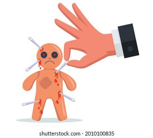 insertar agujas en una muñeca vudú. realizar un rito mágico. ilustración vectorial plana