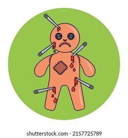 insertar agujas en una muñeca vudú. realizar un rito mágico. ilustración vectorial plana
