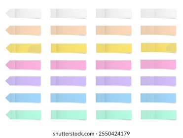 Stick in notes. Green, purple, blue, red, yellow, orange, white and pink pastel colors. Multicolor post it notes. Sheets of paper. Tag, sticky note.