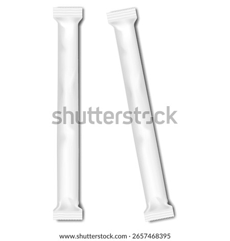 Stick pack pouch. Realistic 3d vector mockup. White blank long sachet package. Small plastic bag. Single-use portion packaging for food or pharmaceutical medical products. Template for design