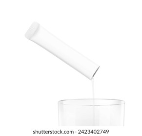 Stick pack pouring liquid on clear glass. Vector illustration isolated on a white background. Ready for use in presentation, promo, advertising and more. EPS10.