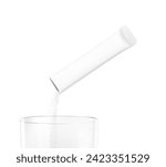 Stick pack pouring powder product on clear glass. Vector illustration isolated on a white background. Ready for use in presentation, promo, advertising and more. EPS10.