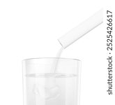 Stick pack pouring powder product in clear glass with liquid. Vector illustration isolated on a white background. Ready for use in presentation, promo, advertising and more. EPS10.