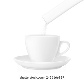 Stick pack pouring powder product in cup. Vector illustration isolated on a white background. Ready for use in presentation, promo, advertising and more. EPS10.	