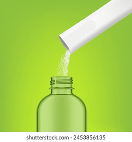 Stick pack pouring powder product on clear bottle. High realistic vector illustration on green colour. Ready for your design. SPF10.