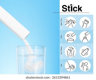 Stick pack pouring powder product in clear glass with liquid with set icons. Vector illustration on colour background. Ready for use in presentation, promo, advertising and more. EPS10.
