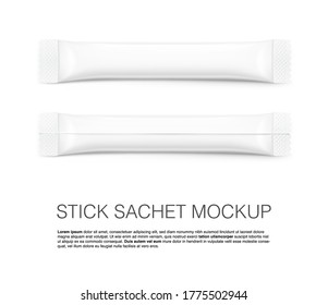 Stick pack for products of the food and cosmetic industry on white background. Front and side view. Realistic and contour vector illustration. Possibility use for granulated, powder products. 