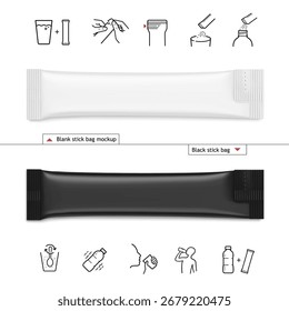 Stick packaging mockup with set icons. Vector illustration isolated on white background. Ready for use in presentation, promo, advertising and more. EPS10.