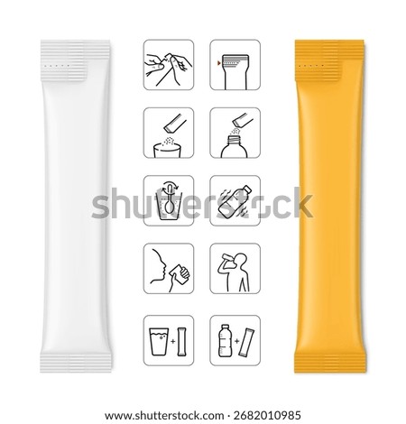Stick packaging mockup with set icons. Vector illustration on colour background. Ready for use in presentation, promo, advertising and more. EPS10.