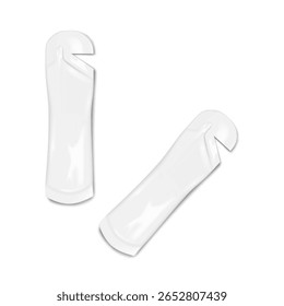 Pacotes de palito com entalhe rasgado. Modelo de vetor 3d realista. Embalagem branca em branco com bolsa longa. Maquete. Saco de plástico pequeno. Embalagem individual para alimentos ou produtos médicos. Modelo para design