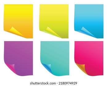 Stick Papers, Collection of different colored sheets of note papers with curled corner 