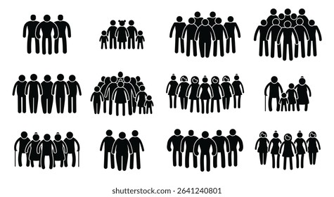 stick people crowd group people with black stick silhouettes human mob with queue diversity concept.