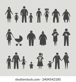Stick people. Family couples silhouettes mother father kids different ages recent vector stylized pictures