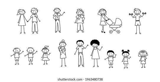 Stick people. Mother with child, children, athlete, woman with stroller, lovers hold hands. Vector illustration in doodle style