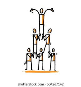Stick people pyramid. Hand drawn vector illustration isolated on white.