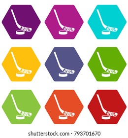 Stick and puck icon set many color hexahedron isolated on white vector illustration
