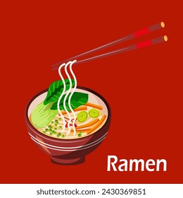 Stick ramen served in a traditional bowl. Japanese style food - vector illustration