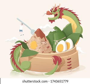 Stick rice dumplings in bamboo steamer with a Chinese dragon surrounding it and a miniature boy hanging on the fork