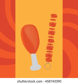 Stick with roasted meat and a roasted chicken, Retro fast food, Vector illustration